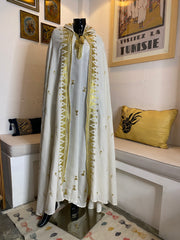 White Linen Barnous with Traditional Golden Tel Embroidery