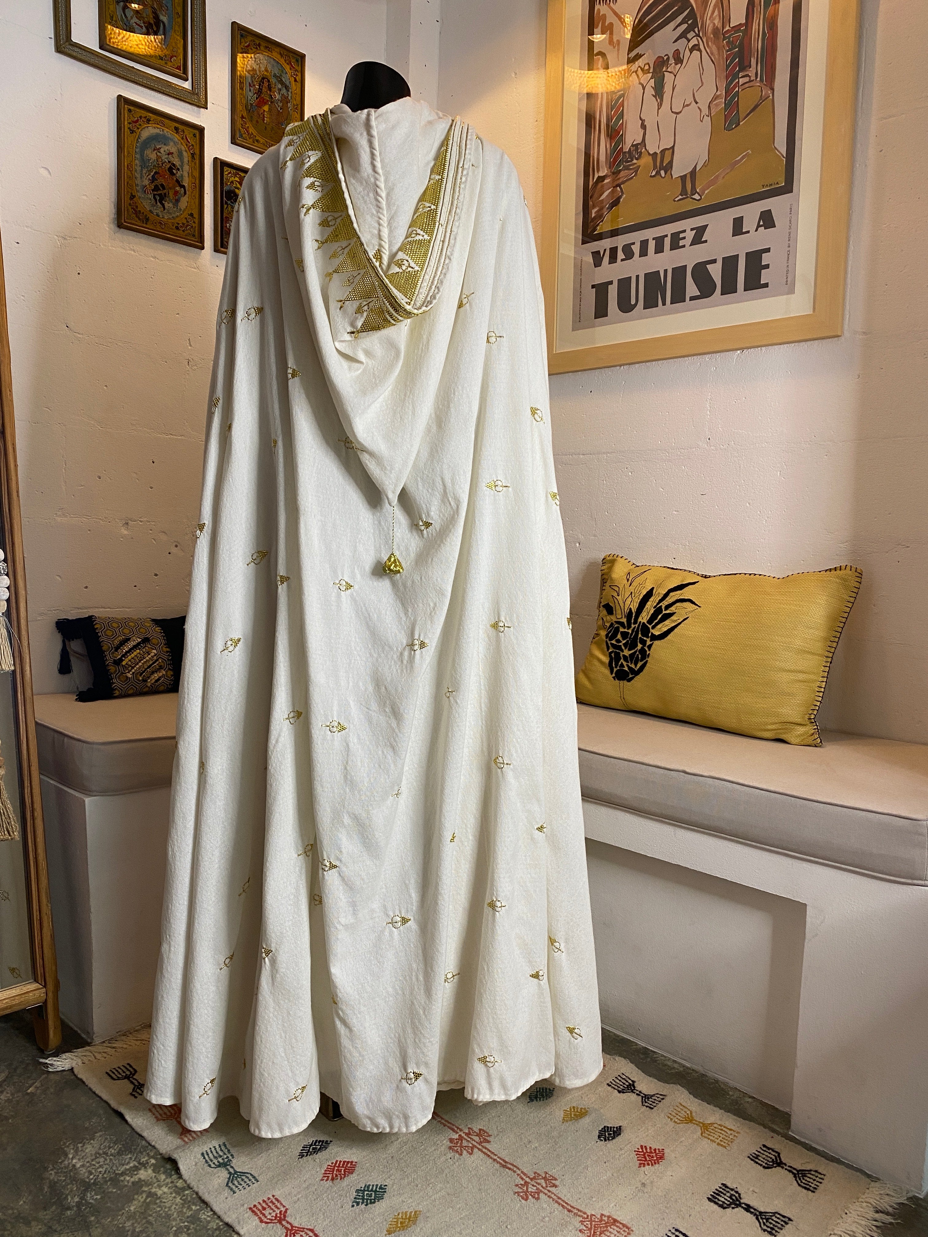 White Linen Barnous with Traditional Golden Tel Embroidery