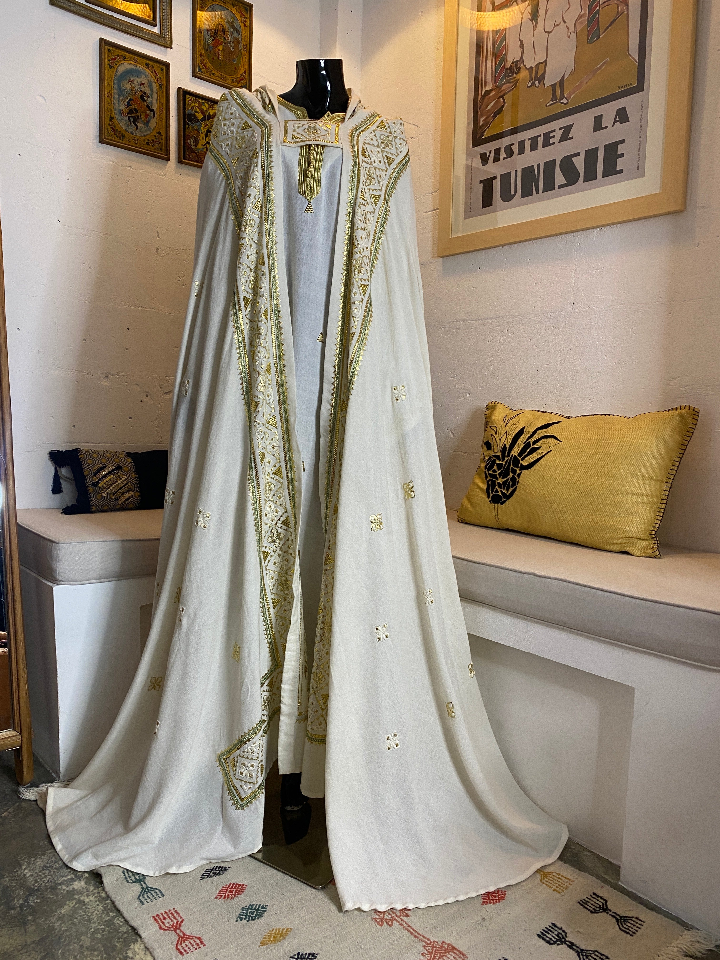 White Linen Barnous with Golden Tel Embroidery