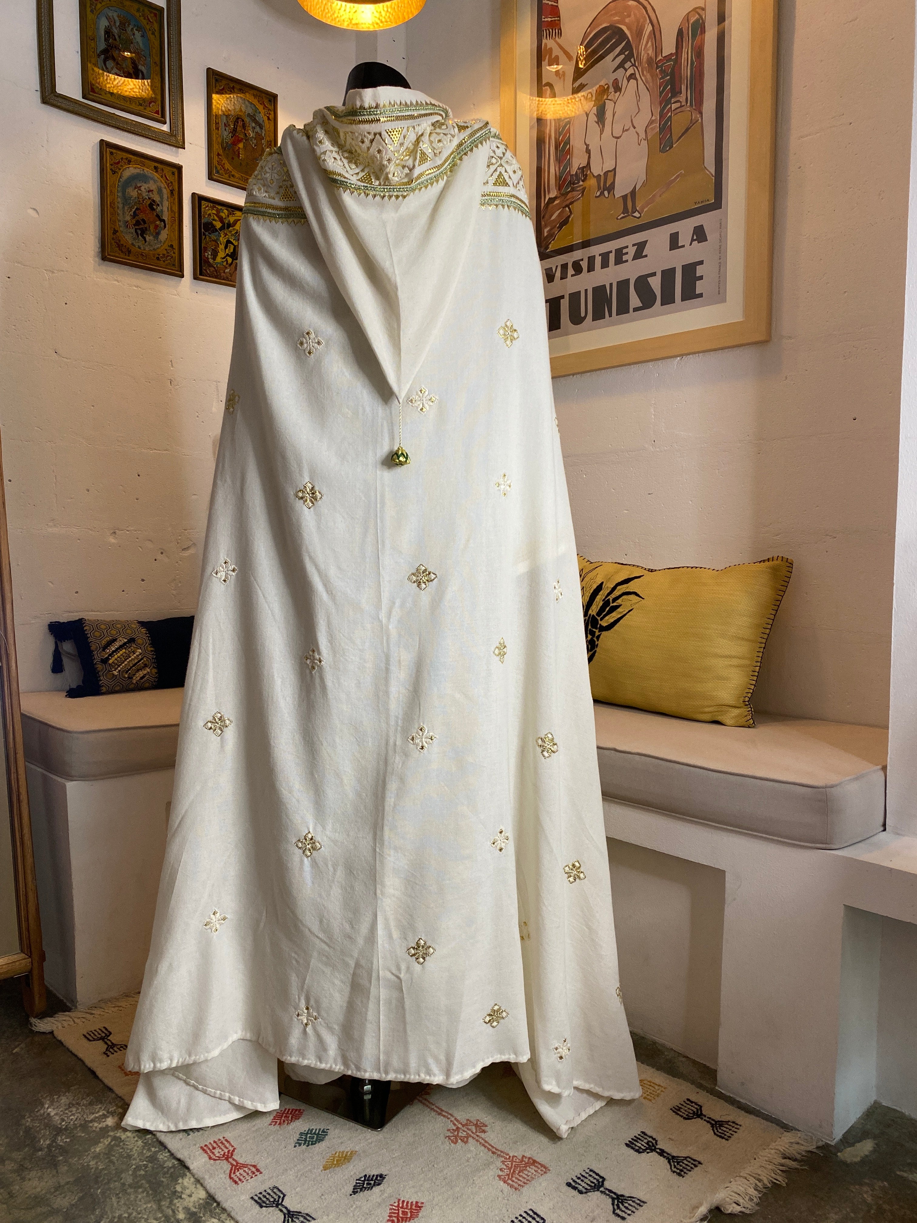 White Linen Barnous with Golden Tel Embroidery