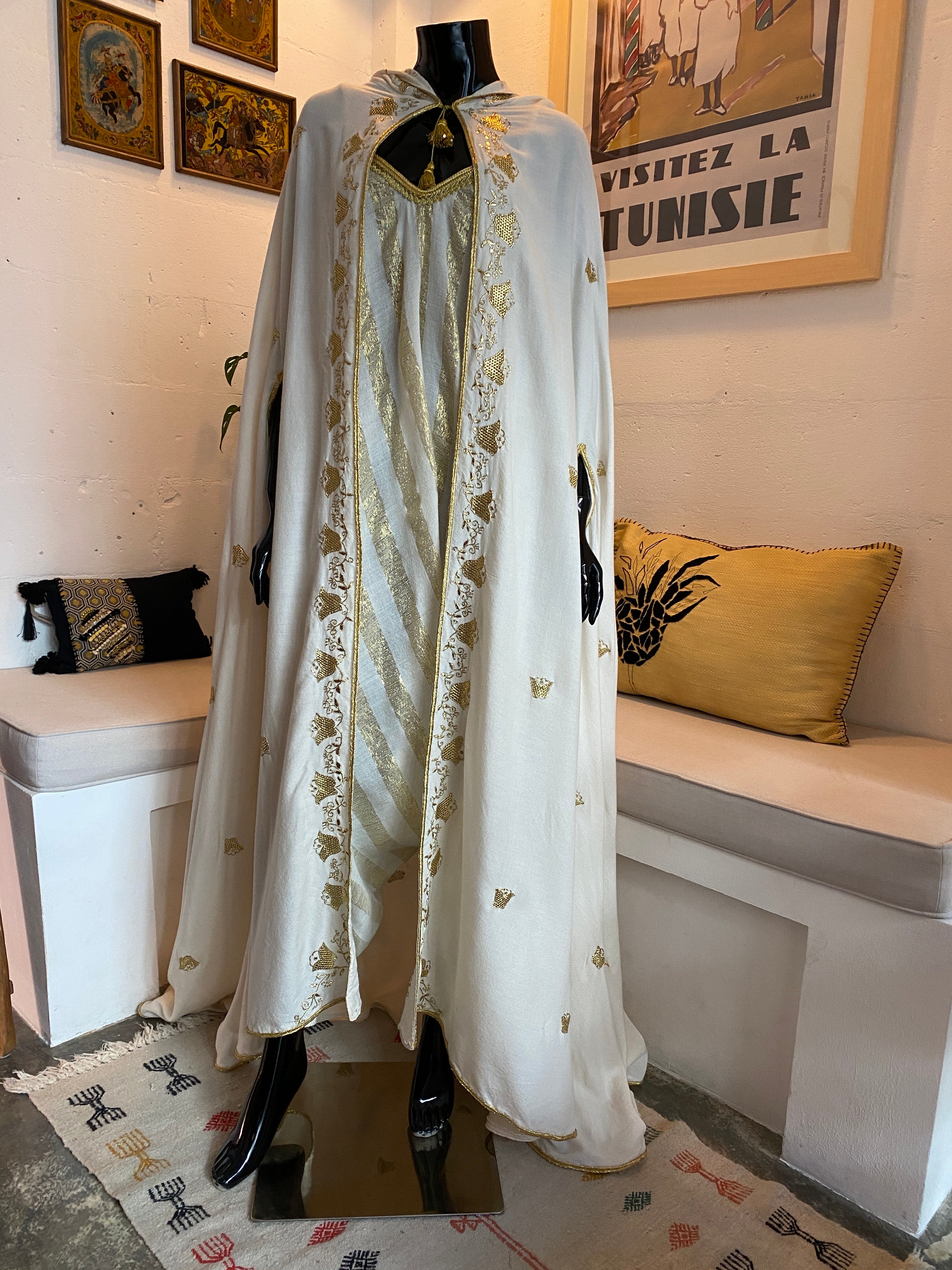 White Barnous with Golden Tel Embroidery & Linen Jumpsuit