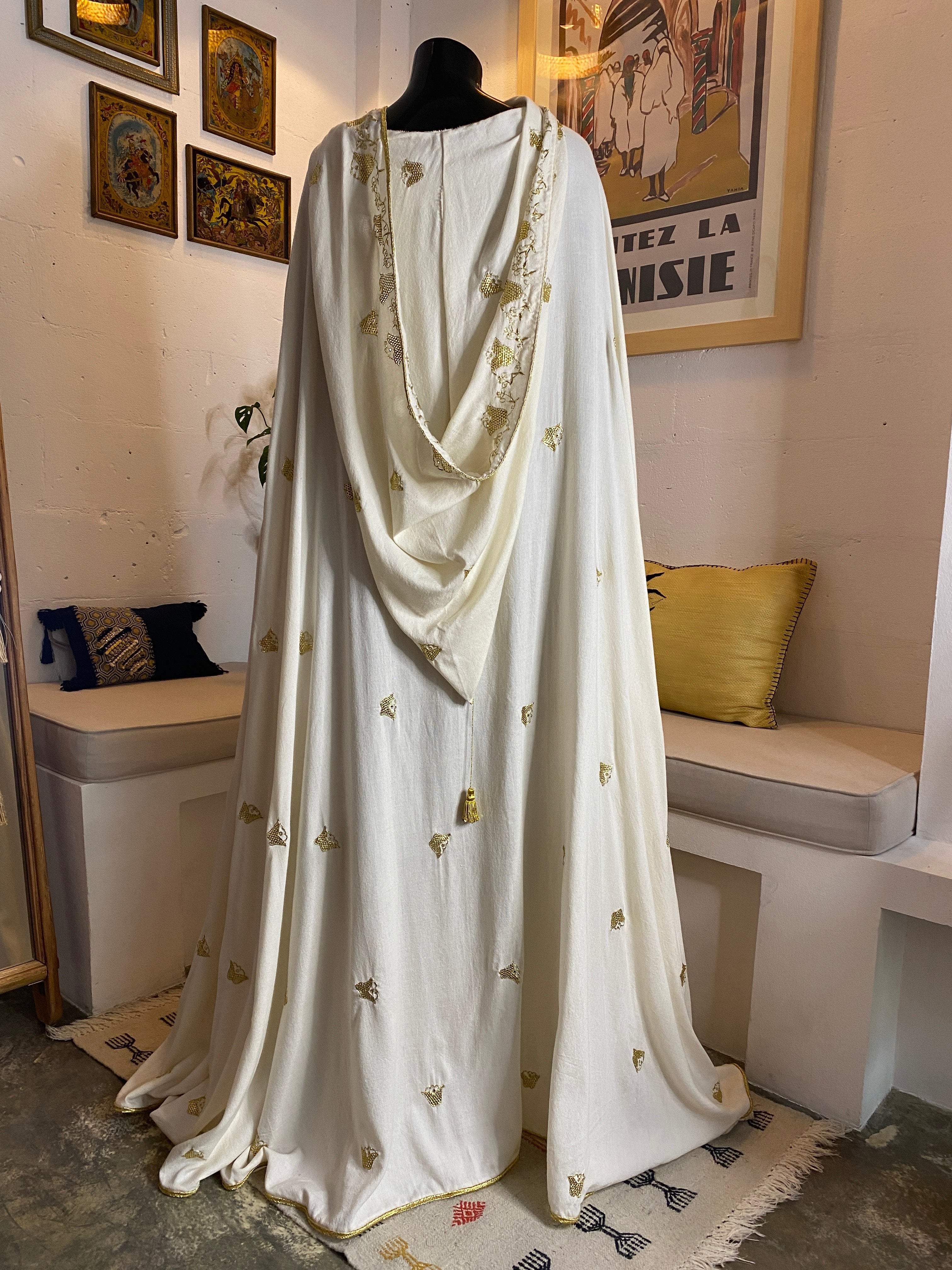 White Barnous with Golden Tel Embroidery & Linen Jumpsuit