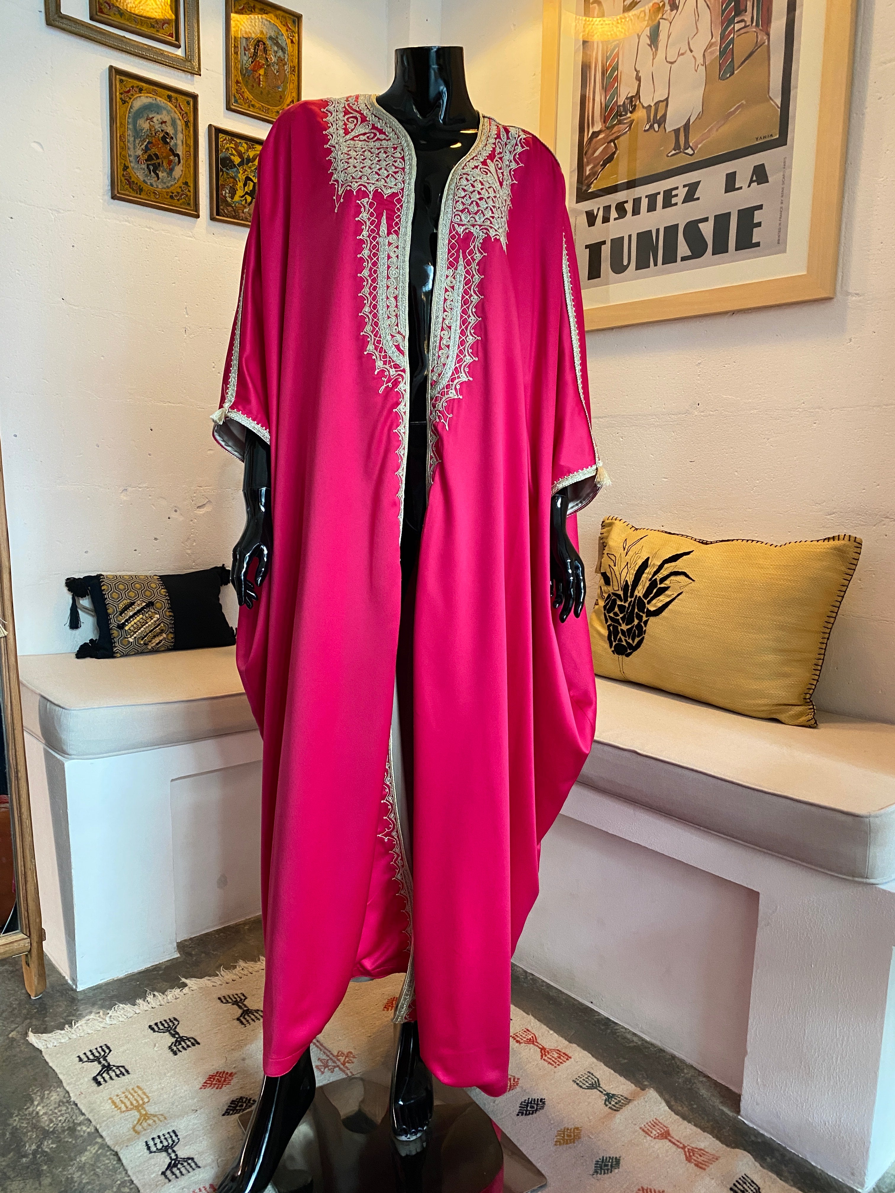 Pink Satin Silk Jebba with Cream Hand Embroidery