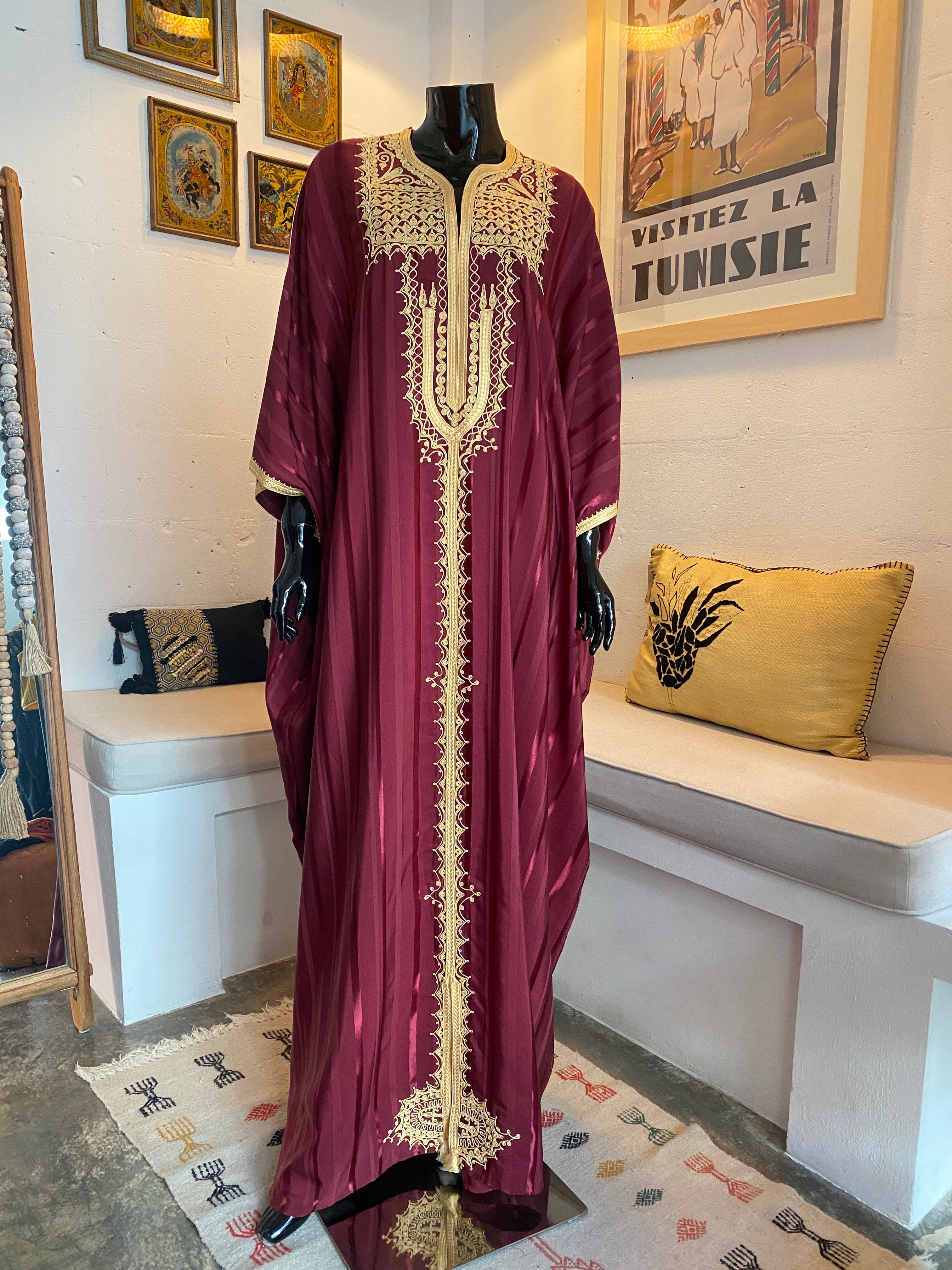 Burgundy Satin Silk Jebba with Cream Embroidery
