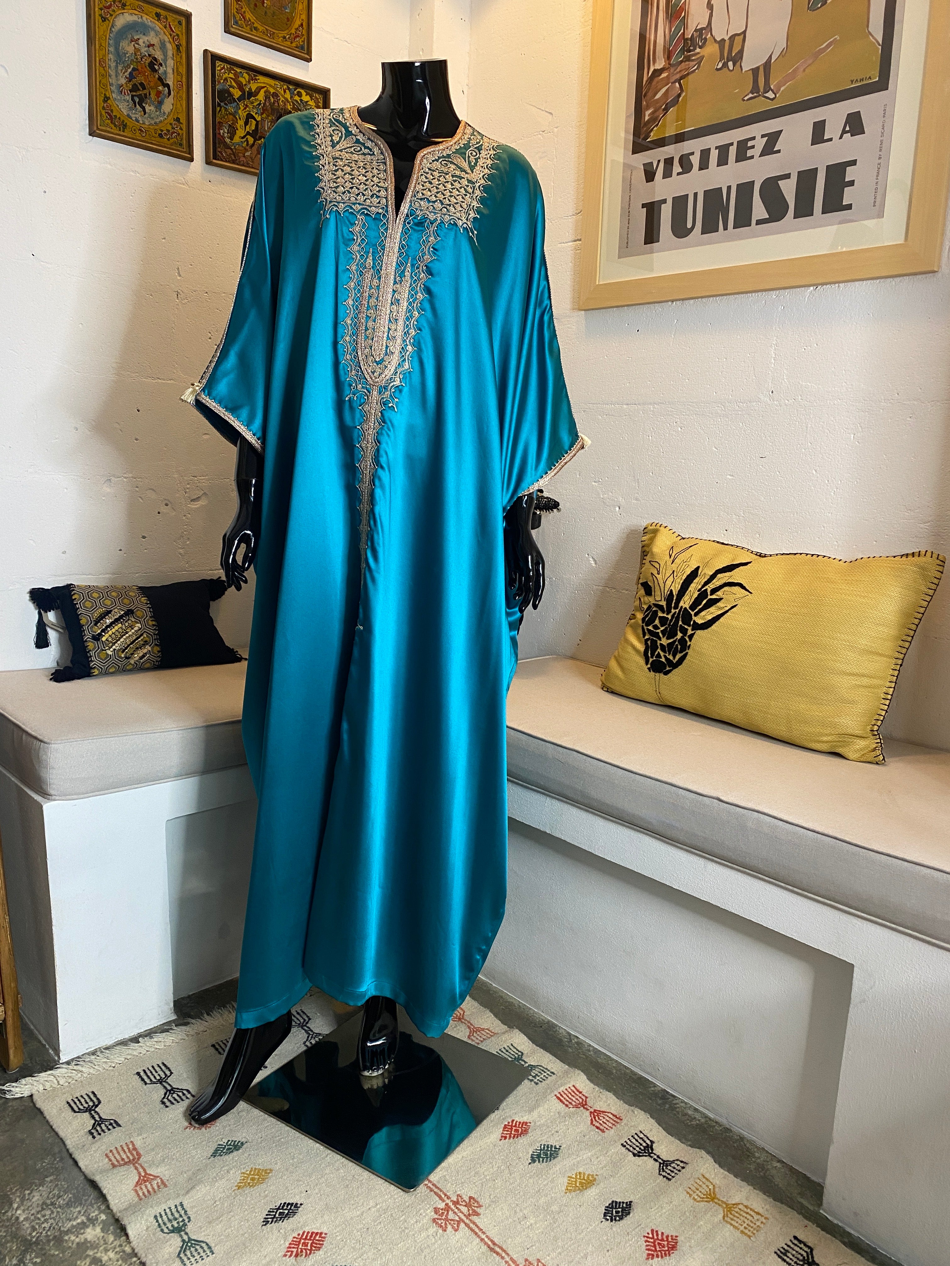Teal Satin Silk Jebba with Cream Embroidery