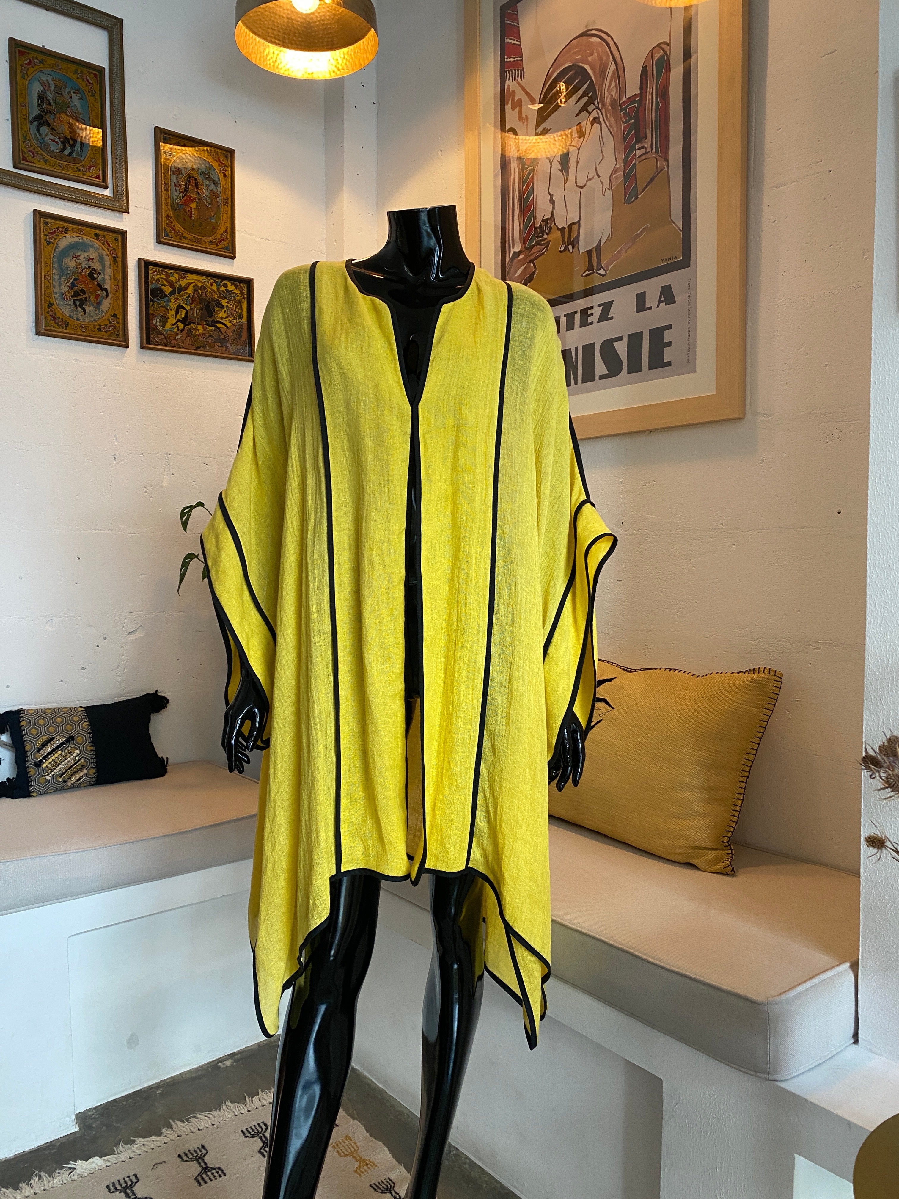 Ray Poncho – Caftan Court En Lin Jaune