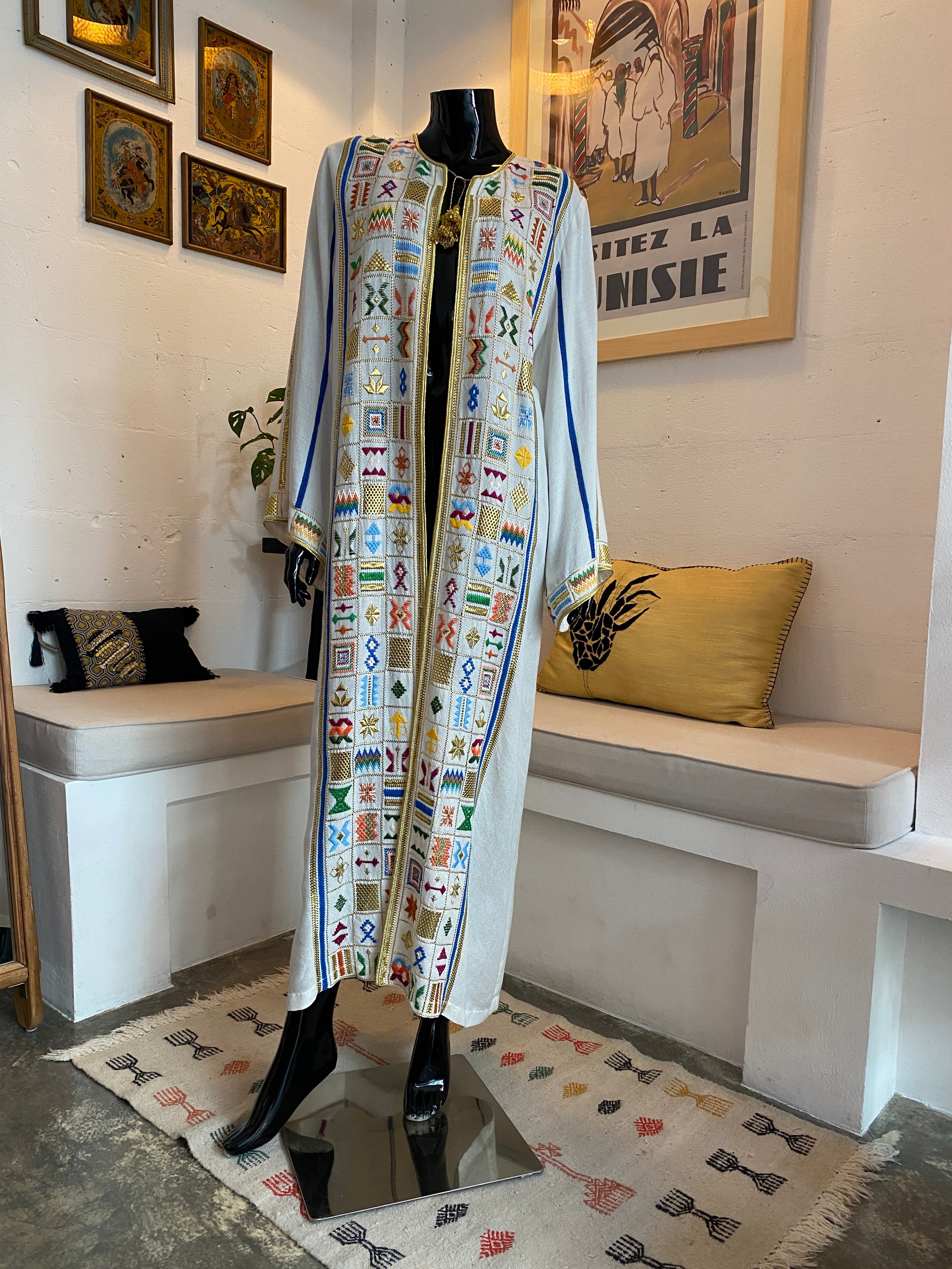 Multicolored Silk & Gold Thread Linen Abaya