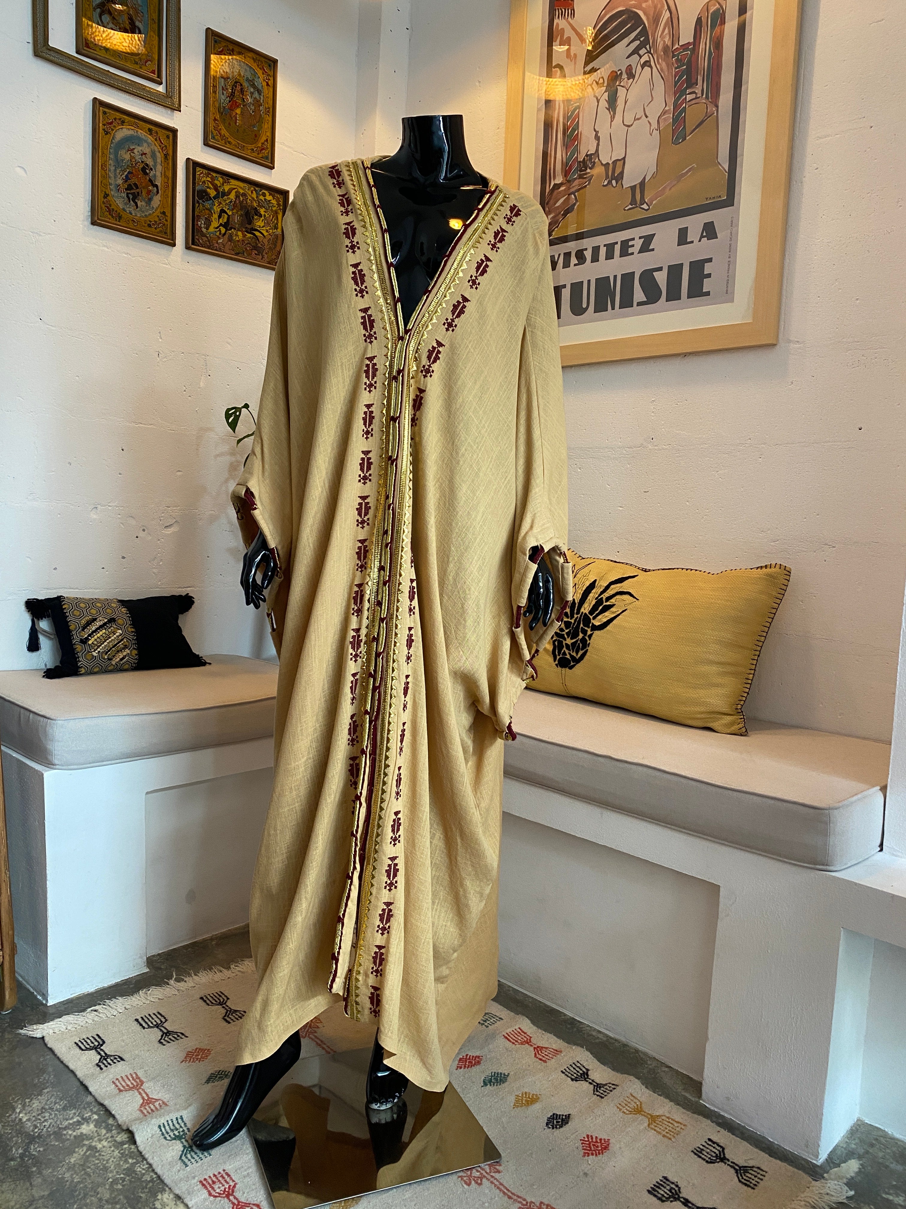 Palestinian Tatreez & Gold Thread Linen Abaya