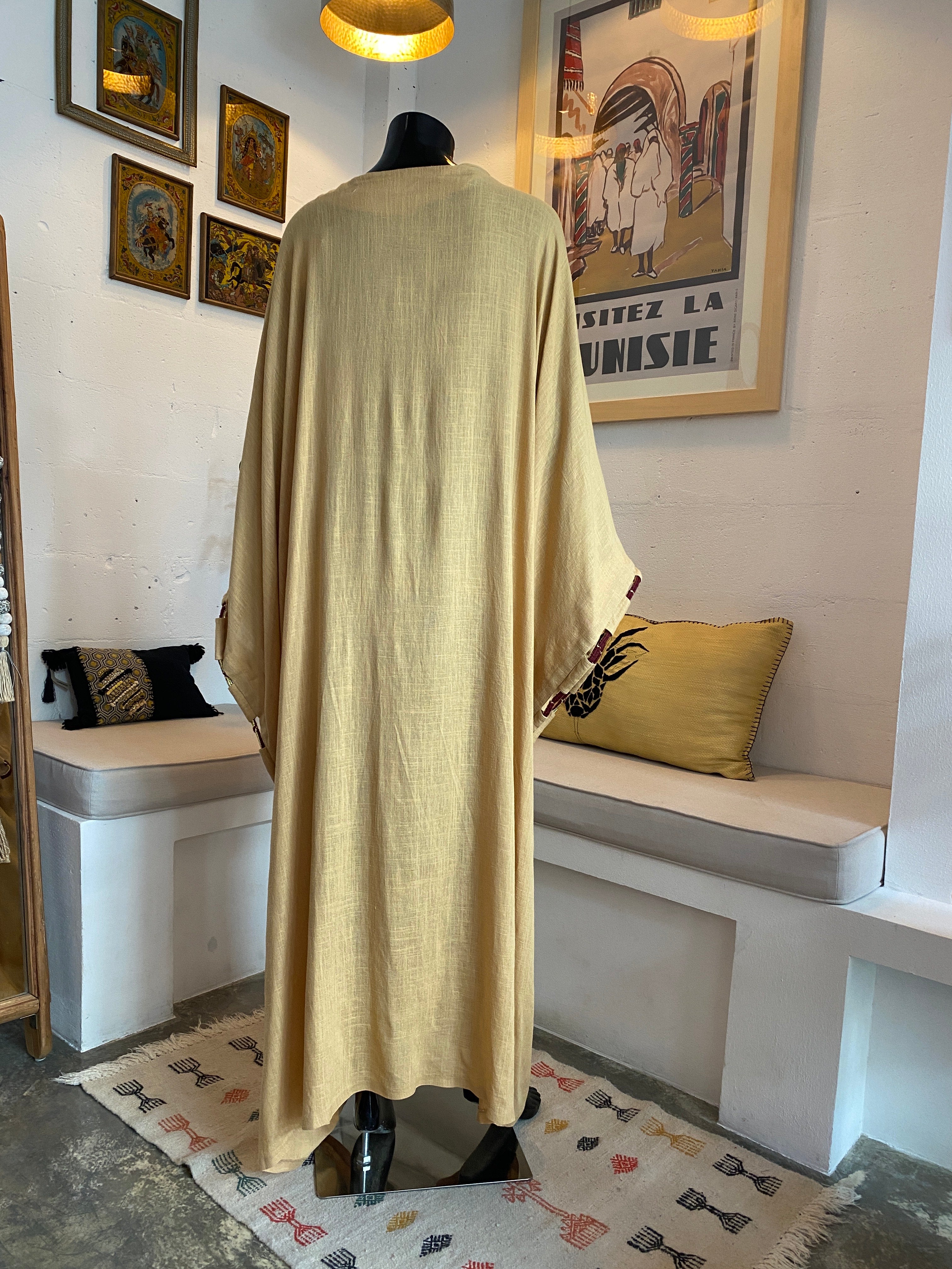 Palestinian Tatreez & Gold Thread Linen Abaya