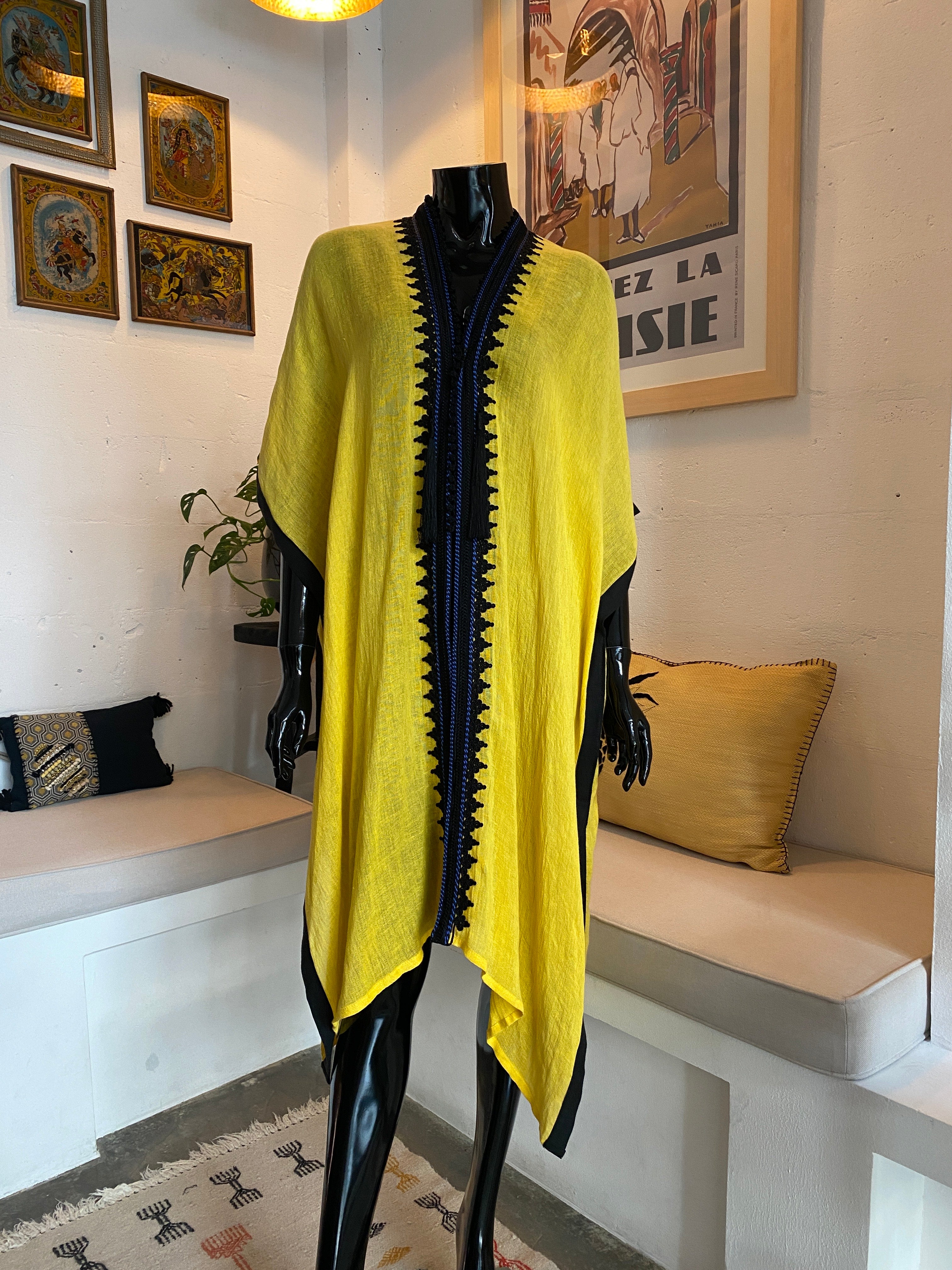 Voyage Linen Poncho – Yellow & Navy Embroidered Edition
