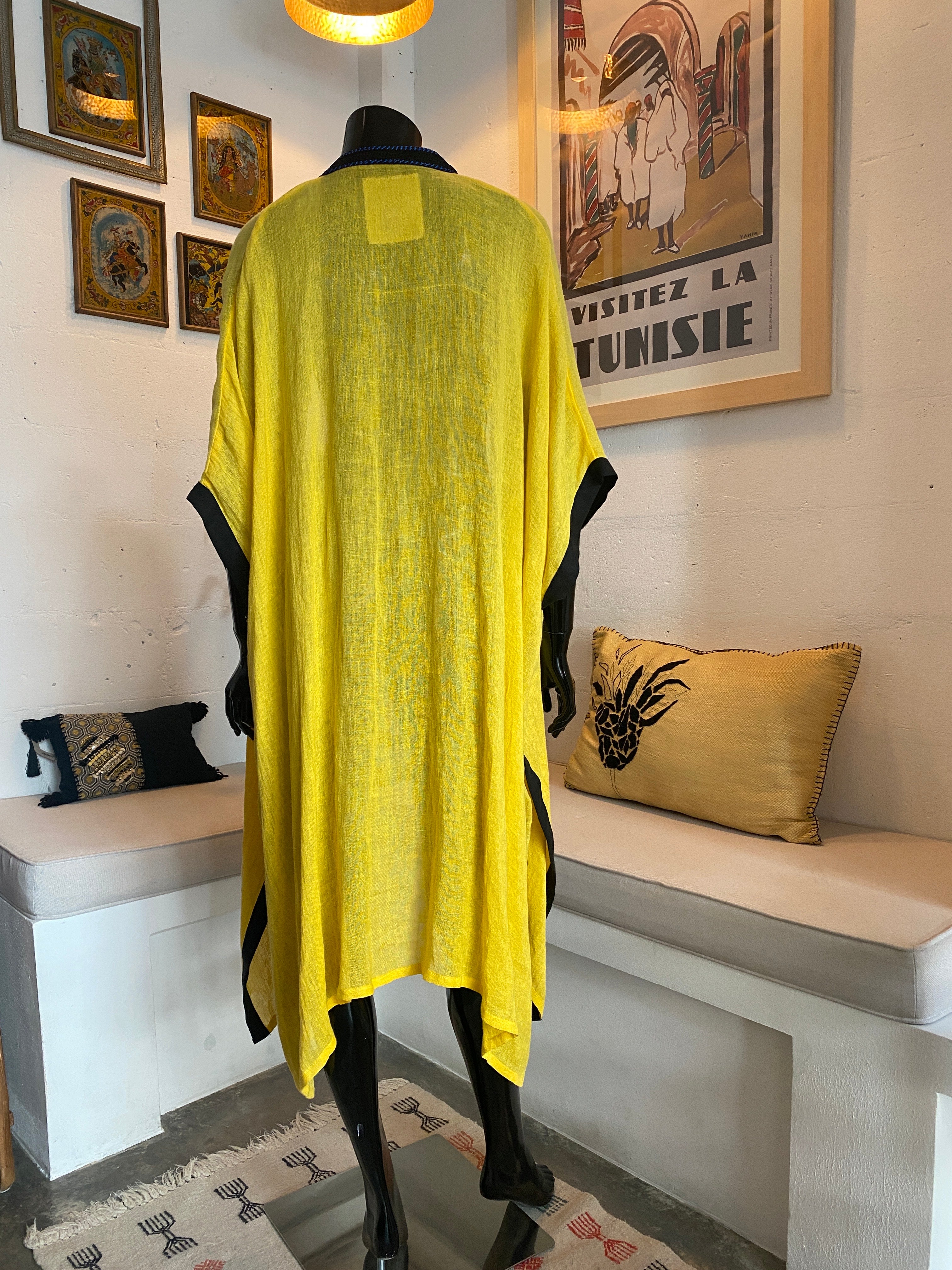Voyage Linen Poncho – Yellow & Navy Embroidered Edition