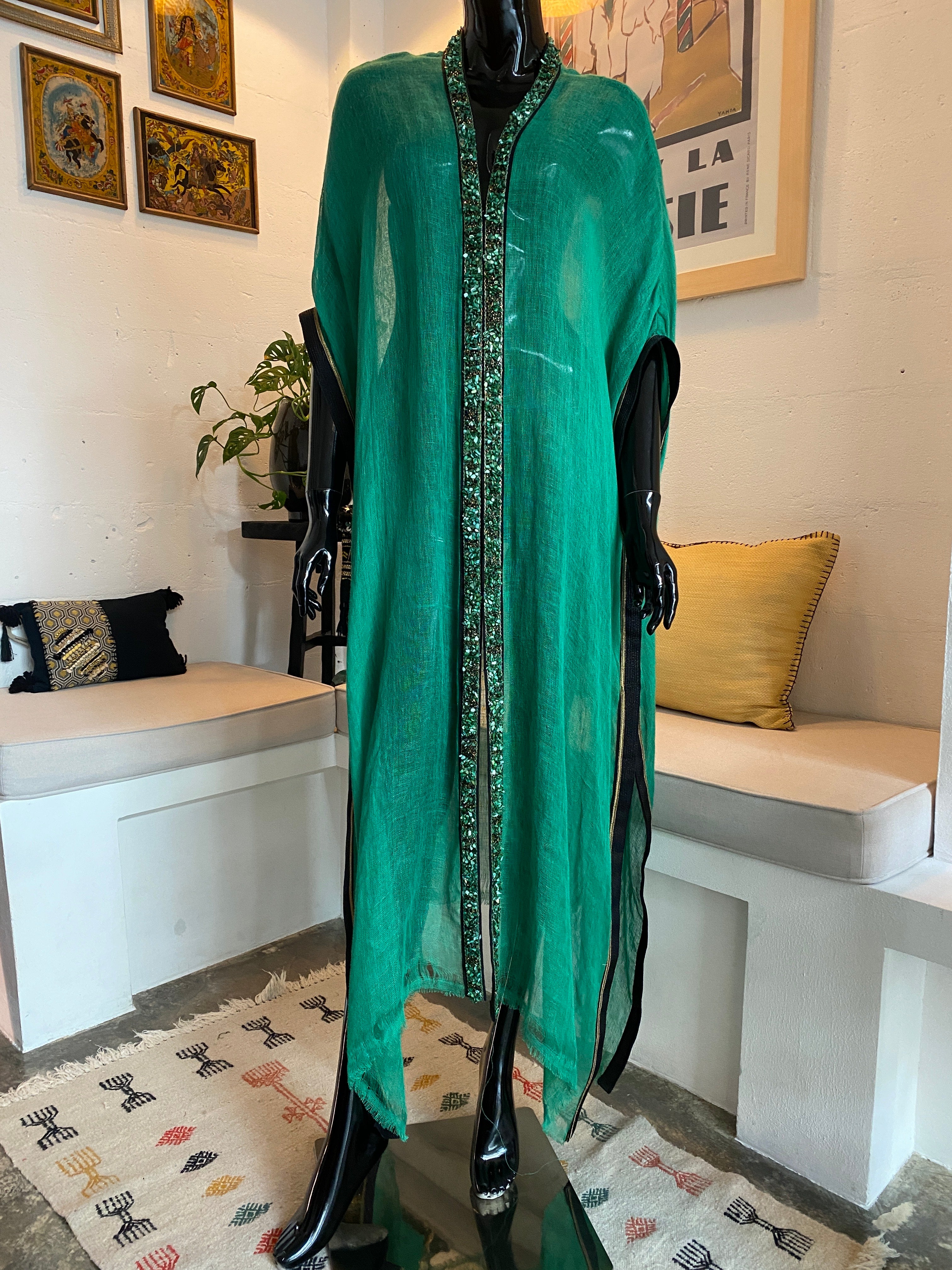 Voyage Linen Poncho – Emerald Embroidered Edition